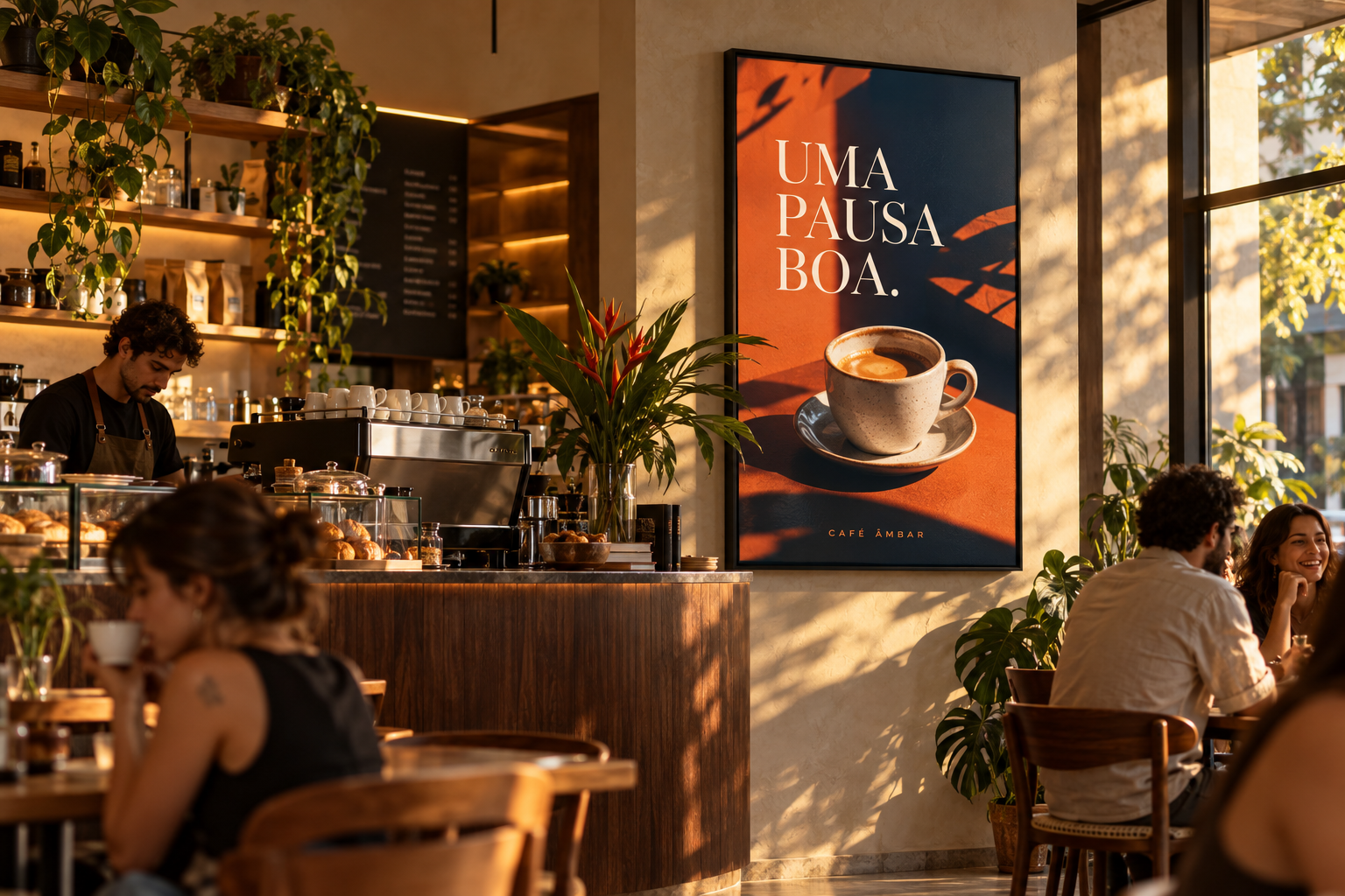 Café com uma tela vertical exibindo uma campanha do Café Âmbar.
